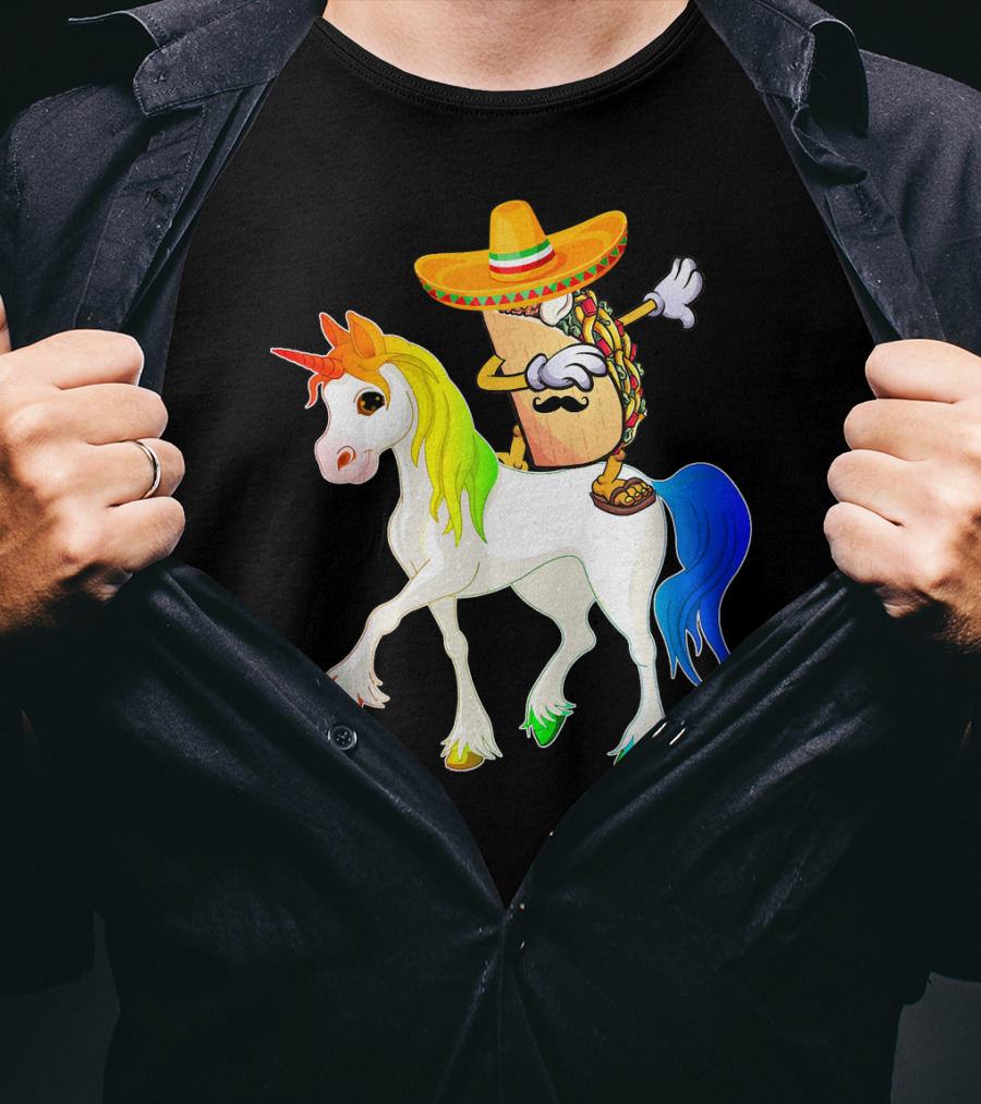 Dabbing Taco Sombrero With Mustache Riding Colorful Unicorn Fun T-Shirt