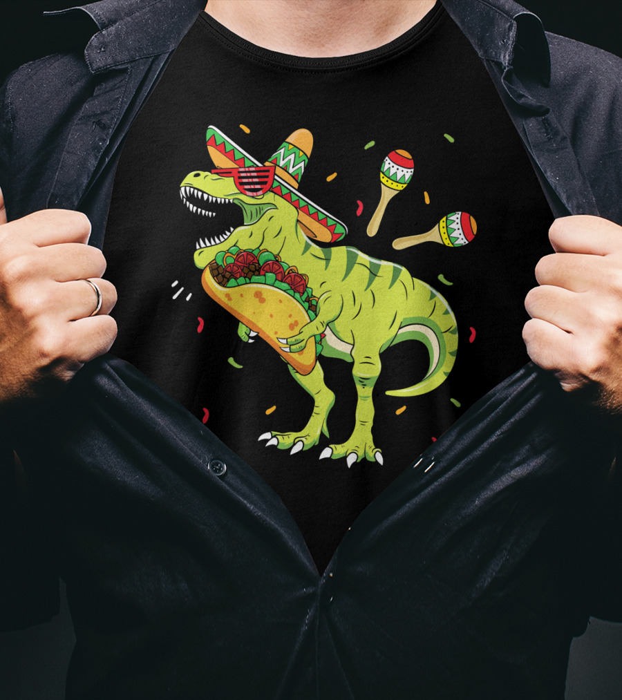 Cinco De Mayo T Rex With Sombrero Maracas And Taco T-Shirt