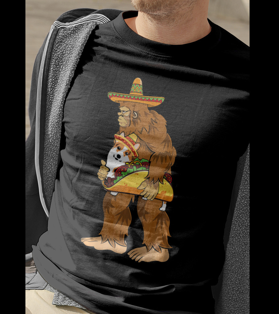 Bigfoot Sombrero Carry Corgi Taco Cinco De Mayo Humor T-Shirt