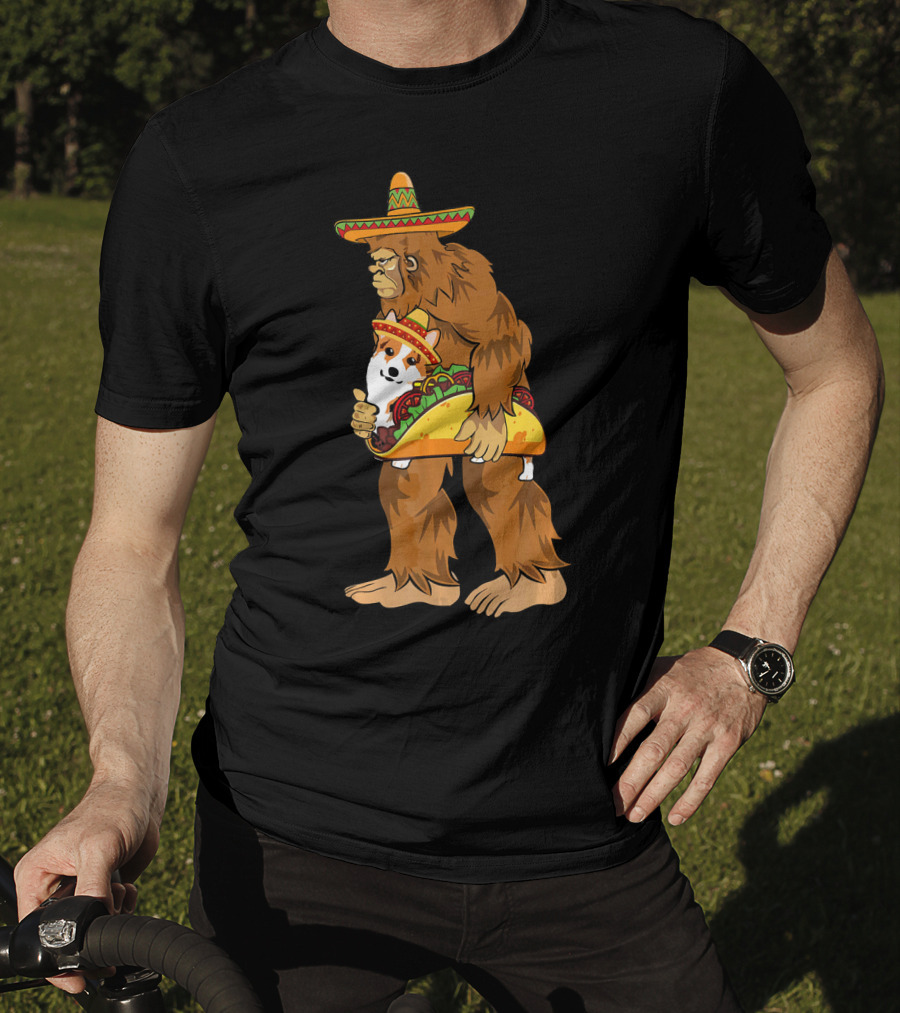 Bigfoot Sombrero Carry Corgi Taco Cinco De Mayo Humor T-Shirt