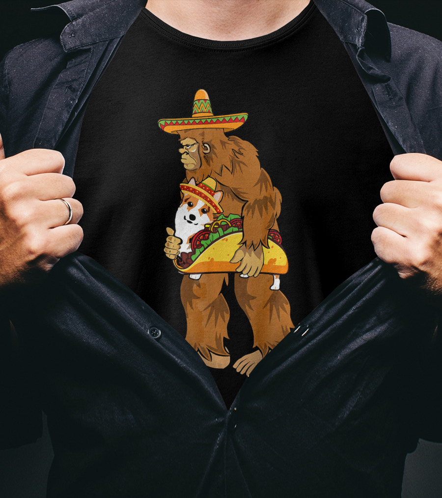 Bigfoot Sombrero Carry Corgi Taco Cinco De Mayo Humor T-Shirt