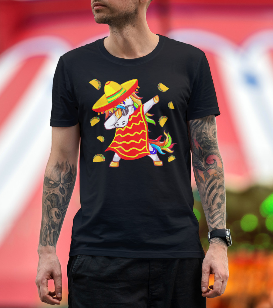 Unicorn Dabbing in Mexican Poncho with Sombrero Surrounded by Tacos T-Shirt