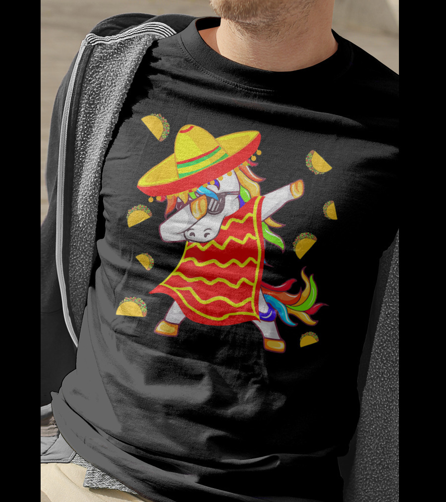 Unicorn Dabbing In Mexican Poncho With Sombrero Surrounded By Tacos T-Shirt