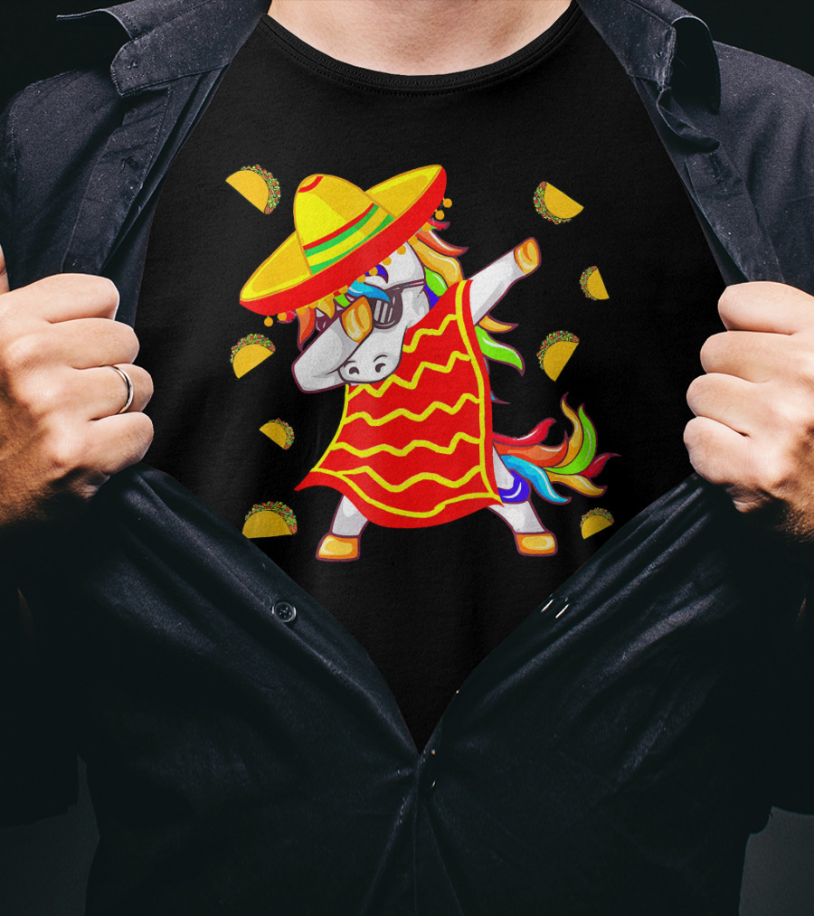 Unicorn Dabbing In Mexican Poncho With Sombrero Surrounded By Tacos T-Shirt