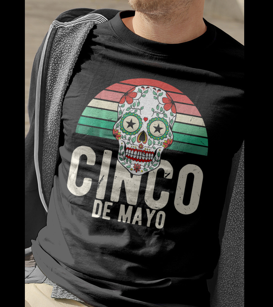 Cinco De Mayo Sugar Skull Retro Stripes T-Shirt