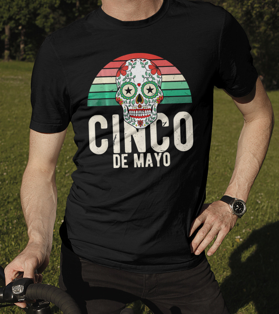 Cinco De Mayo Sugar Skull Retro Stripes T-Shirt