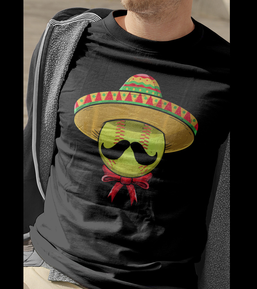 Cinco De Mayo Mexican Sombrero Softball Mustache Red Bow T-Shirt