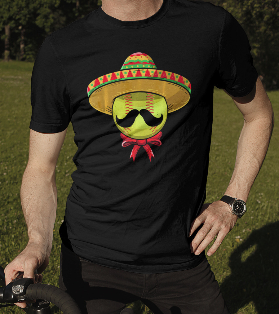 Cinco De Mayo Mexican Sombrero Softball Mustache Red Bow T-Shirt