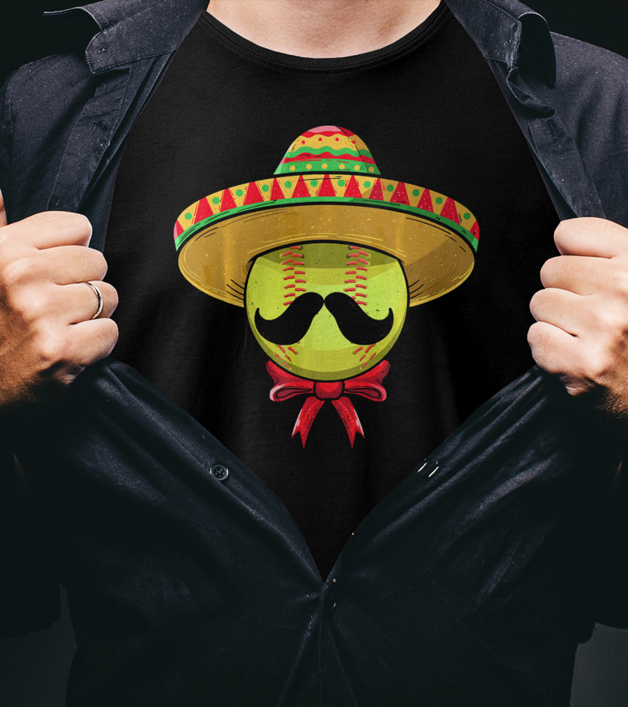 Cinco De Mayo Mexican Sombrero Softball Mustache Red Bow T-Shirt