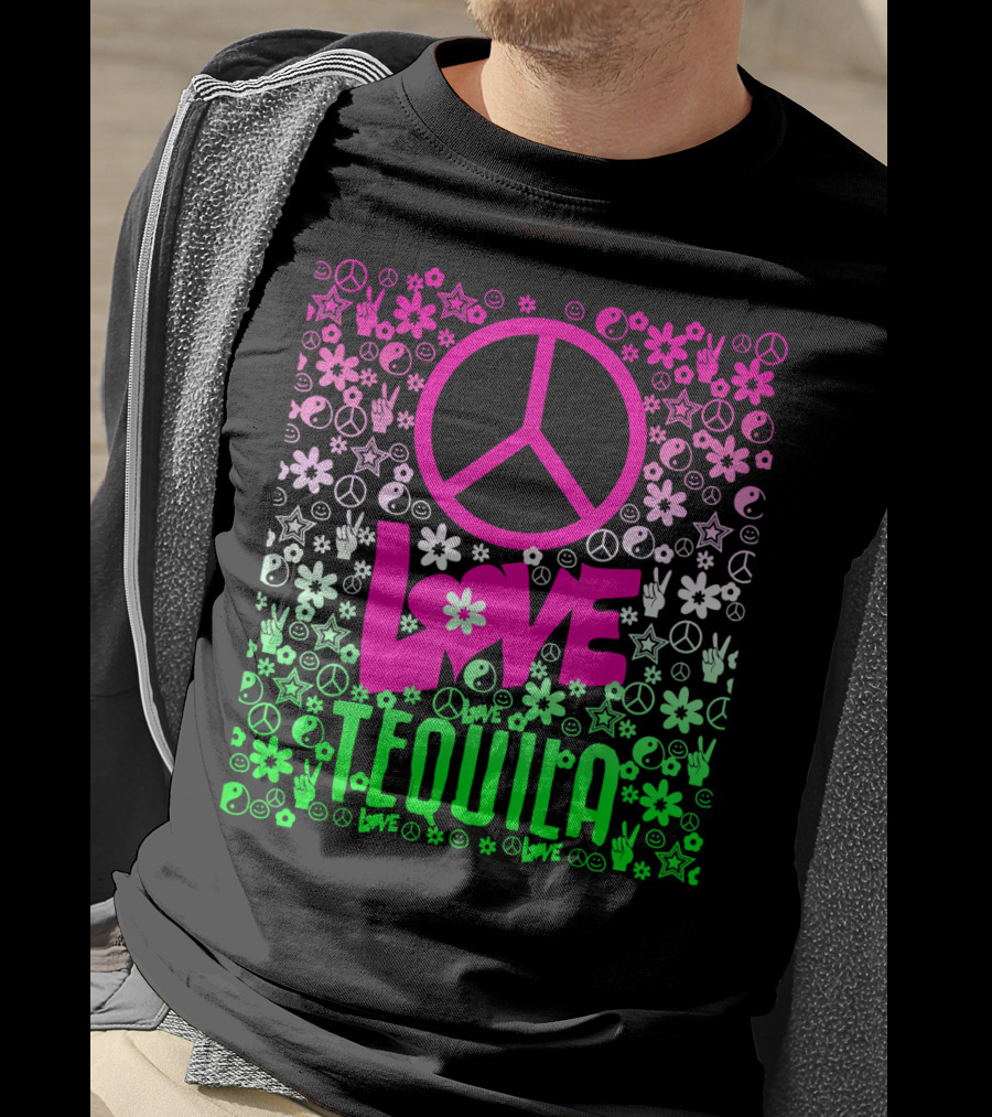 Peace Love Tequila Hippie Style Cinco De Mayo Festive Symbols Icons T-Shirt