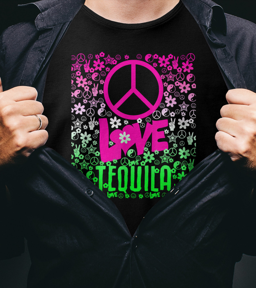 Peace Love Tequila Hippie Style Cinco De Mayo Festive Symbols Icons T-Shirt