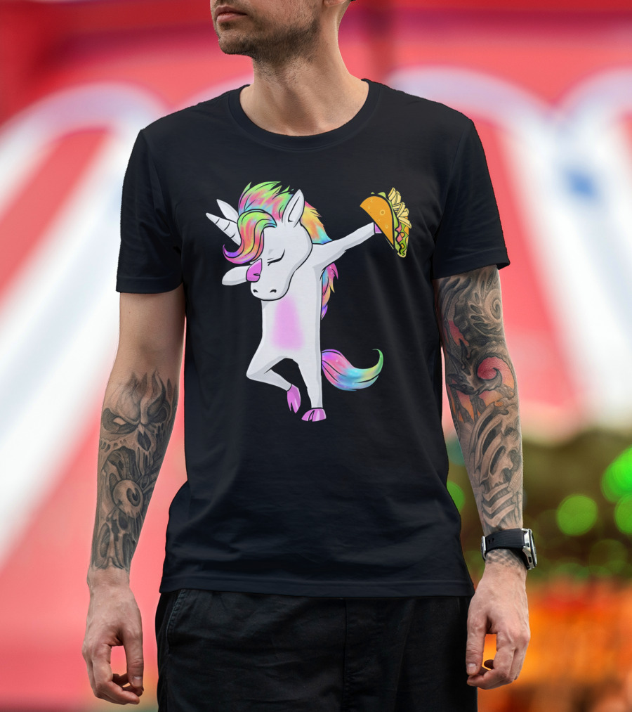 Unicorn Dabbing with Rainbow Mane Holding Tacos T-Shirt