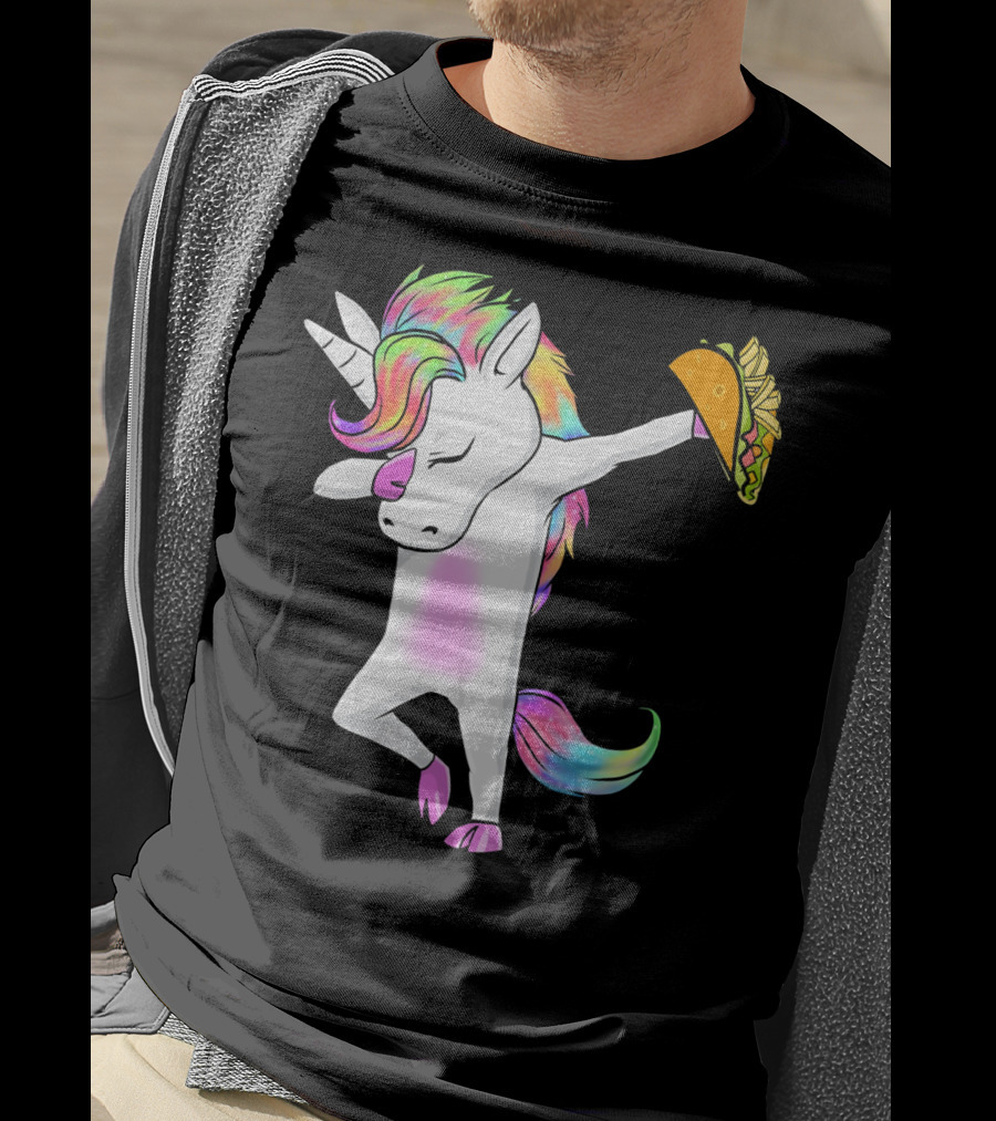 Unicorn Dabbing With Rainbow Mane Holding Tacos T-Shirt