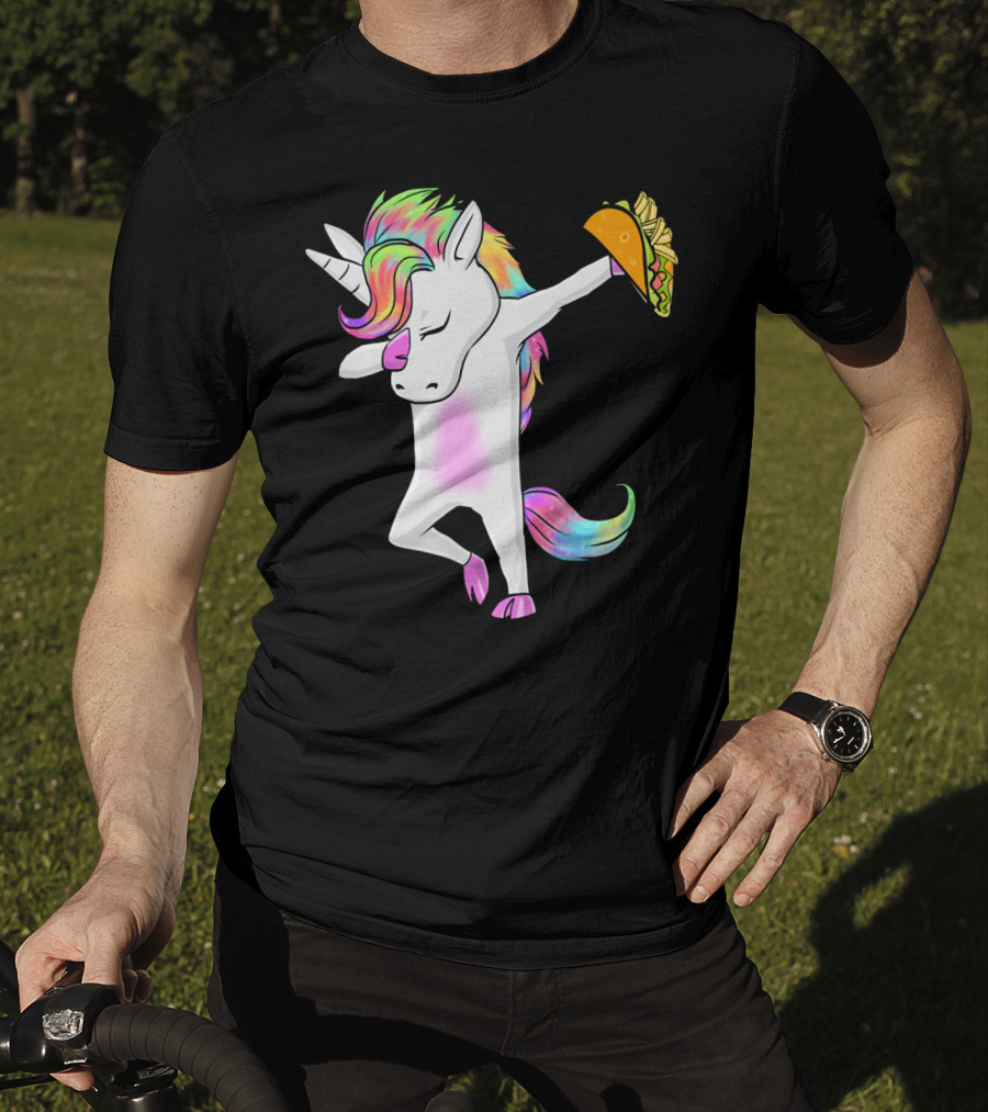 Unicorn Dabbing With Rainbow Mane Holding Tacos T-Shirt