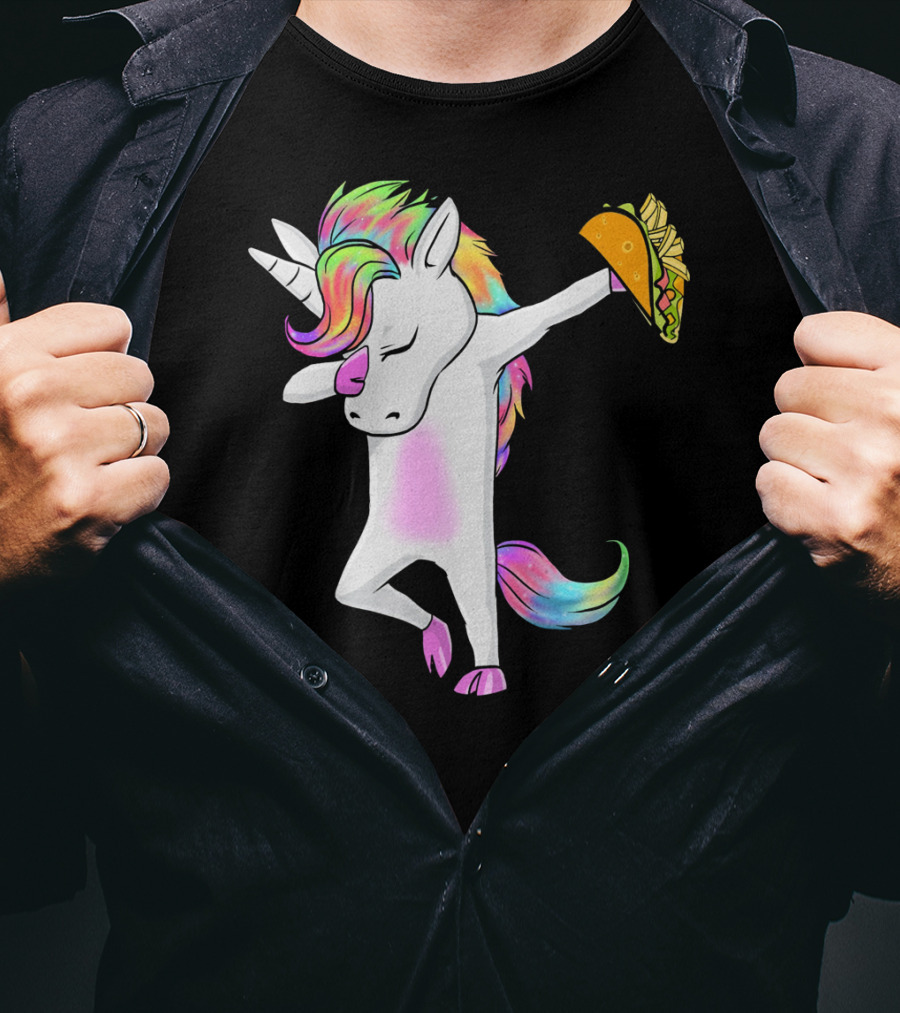 Unicorn Dabbing With Rainbow Mane Holding Tacos T-Shirt