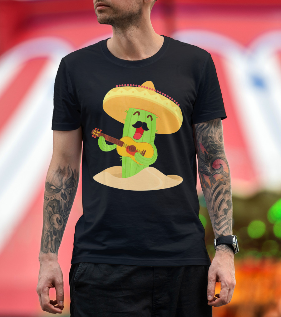 Happy Cinco De Mayo Cactus Guitarist With Sombrero T-Shirt