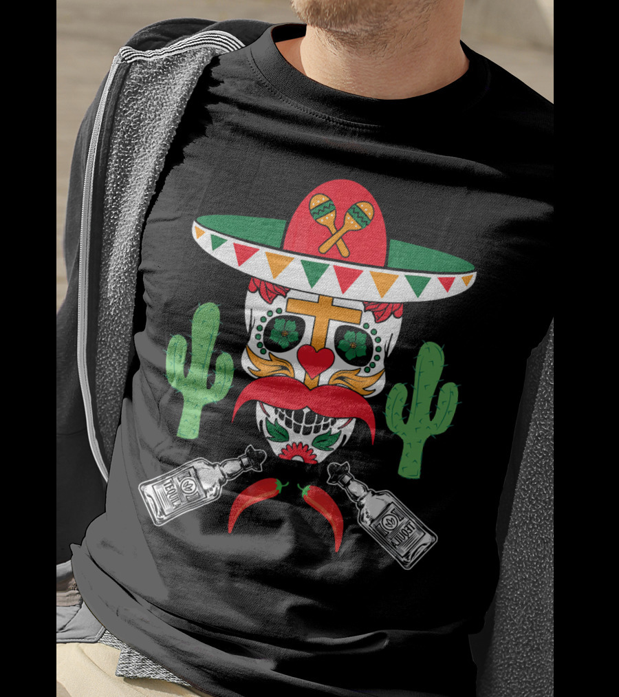 Cinco De Mayo Sugar Skull Sombrero Cactus With Tequila And Peppers T-Shirt