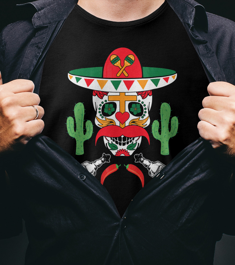 Cinco De Mayo Sugar Skull Sombrero Cactus With Tequila And Peppers T-Shirt