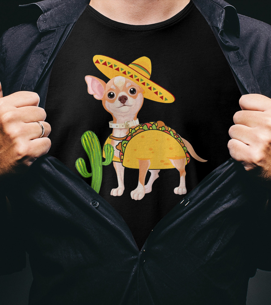 Funny Cinco De Mayo Fiesta Mexican Chihuahua Taco Sombrero Cactus T-Shirt