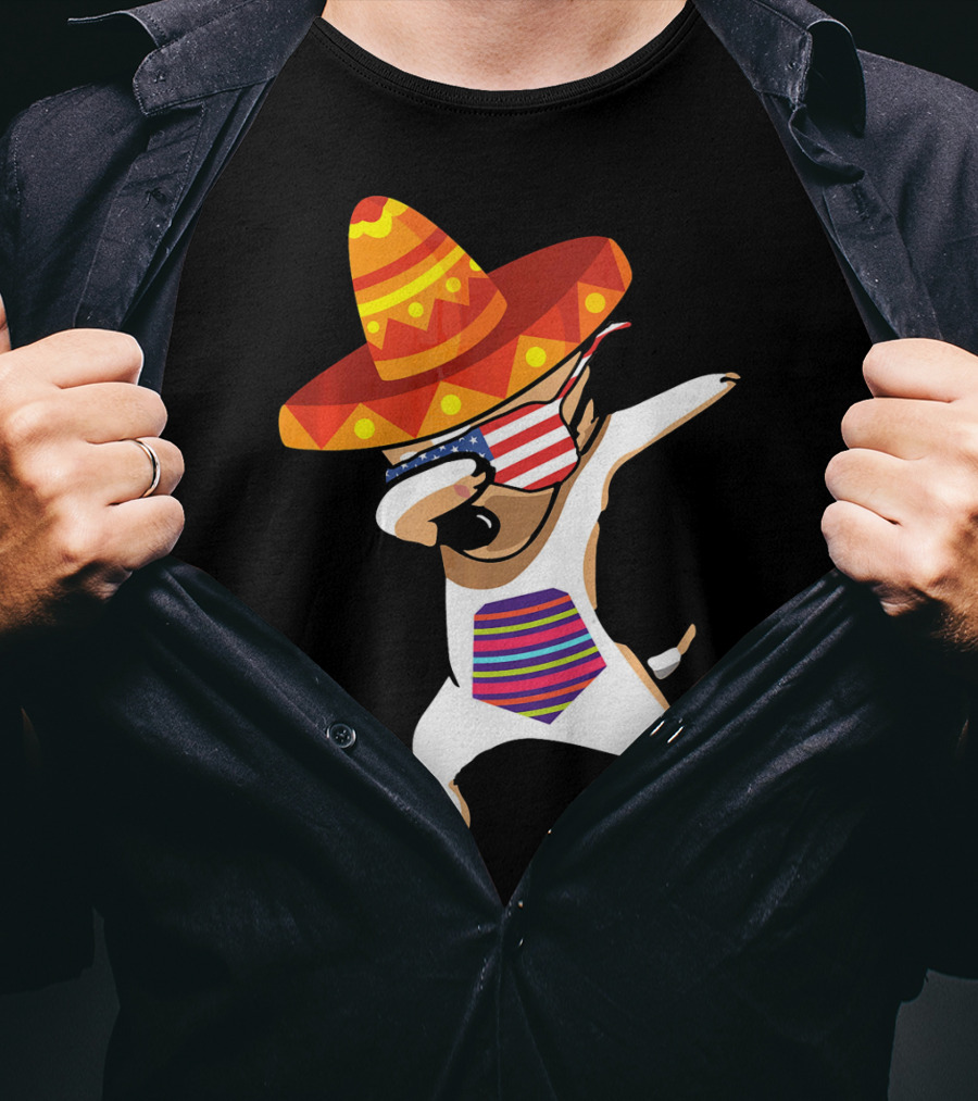 Sombrero Chihuahua Dabbing Mexican Chihuah American Flag Glasses T-Shirt