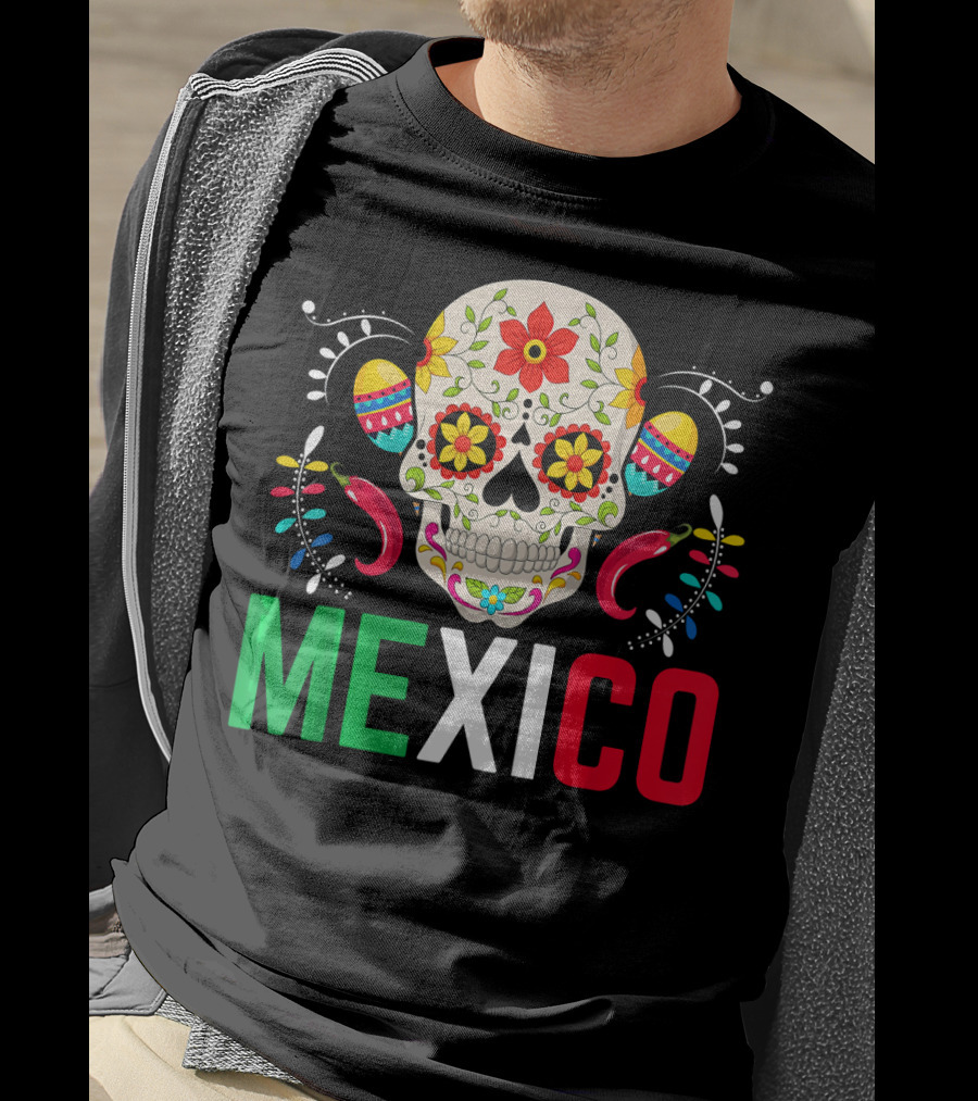 Colorful Cinco De Mayo Mexico Sugar Skull Design With Decorative Elements T-Shirt