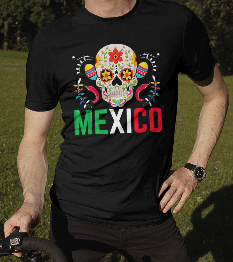 Colorful Cinco De Mayo Mexico Sugar Skull Design With Decorative Elements T-Shirt