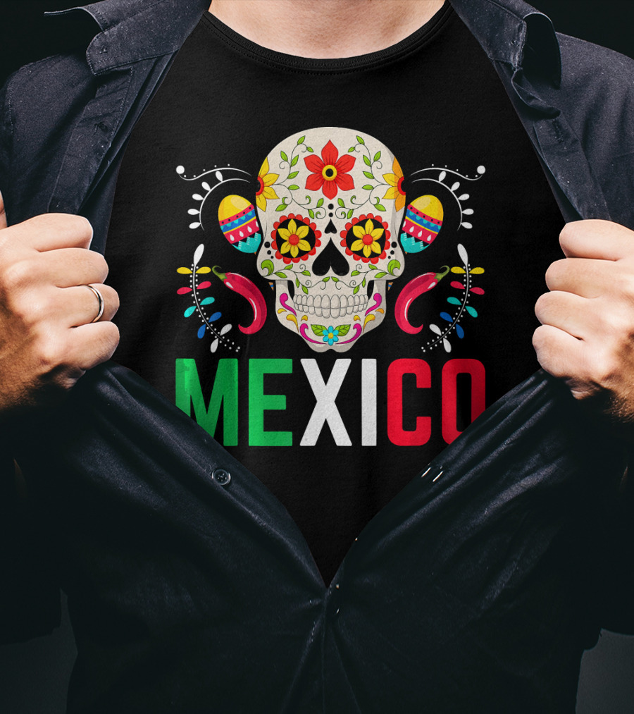 Colorful Cinco De Mayo Mexico Sugar Skull Design With Decorative Elements T-Shirt