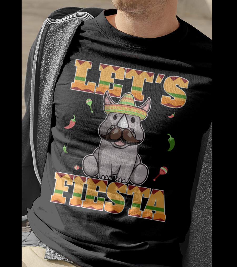 Let's Fiesta Rhinoceros Cinco De Mayo Mex Sombrero Peppers Maracas T-Shirt