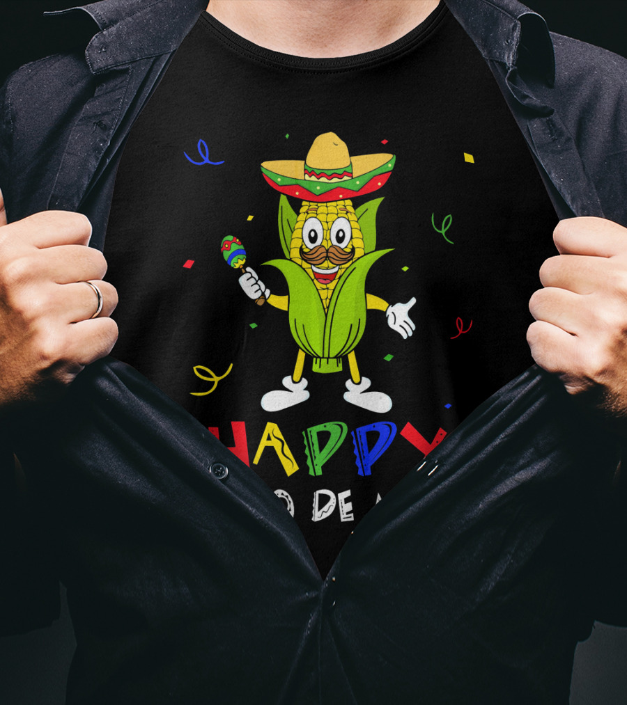 Happy Cinco De Mayo Corn Character With Sombrero And Maraca T-Shirt