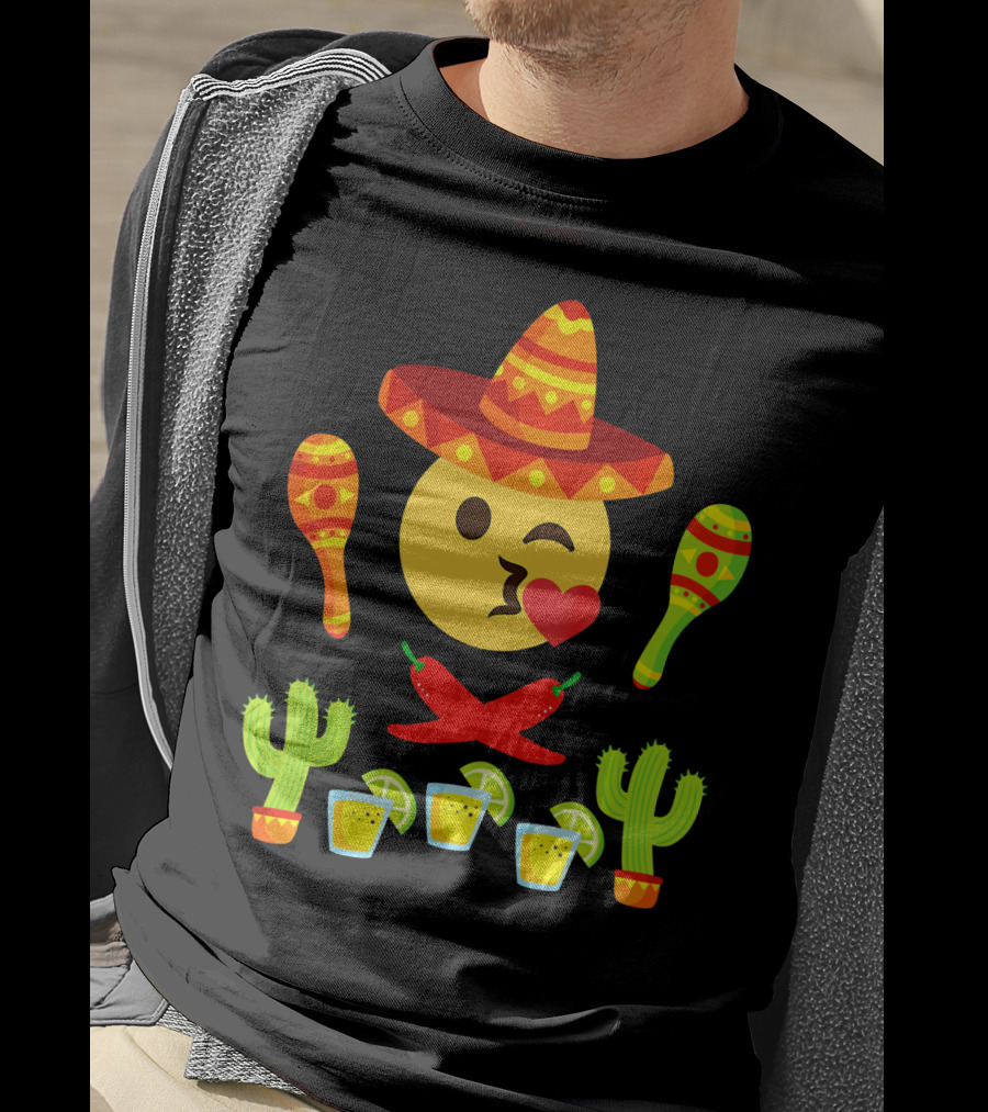 Kiss Emoji Cinco De Mayo Sombrero Maracas Cactus Peppers Margaritas T-Shirt