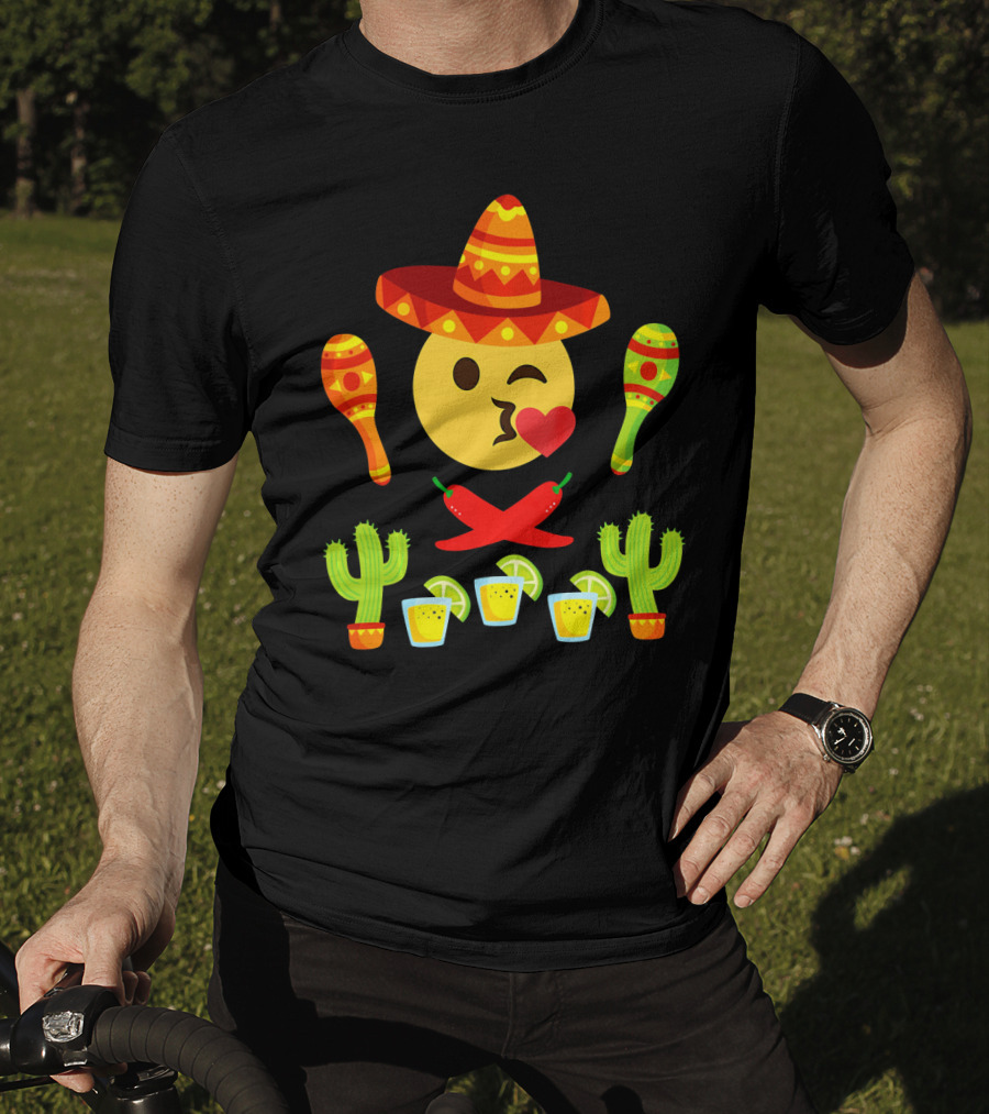 Kiss Emoji Cinco De Mayo Sombrero Maracas Cactus Peppers Margaritas T-Shirt