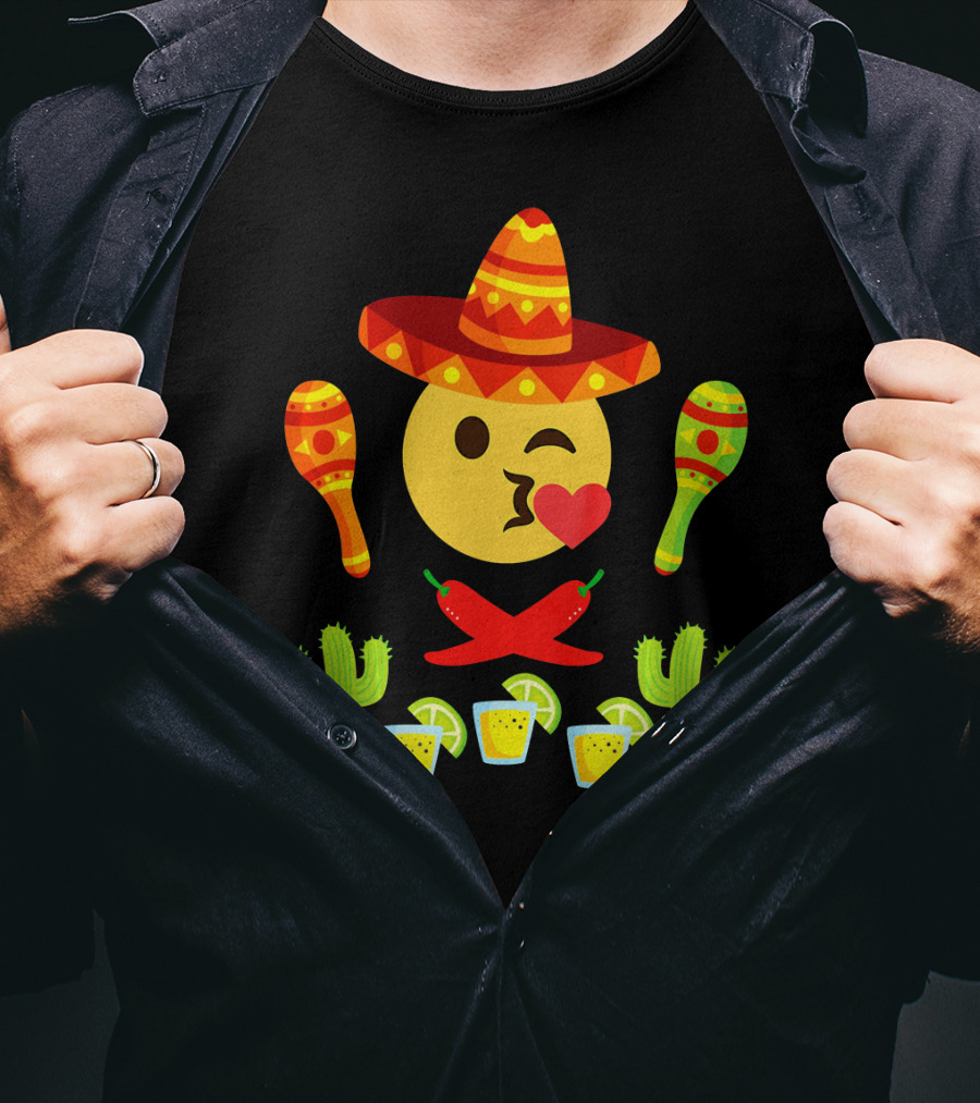 Kiss Emoji Cinco De Mayo Sombrero Maracas Cactus Peppers Margaritas T-Shirt