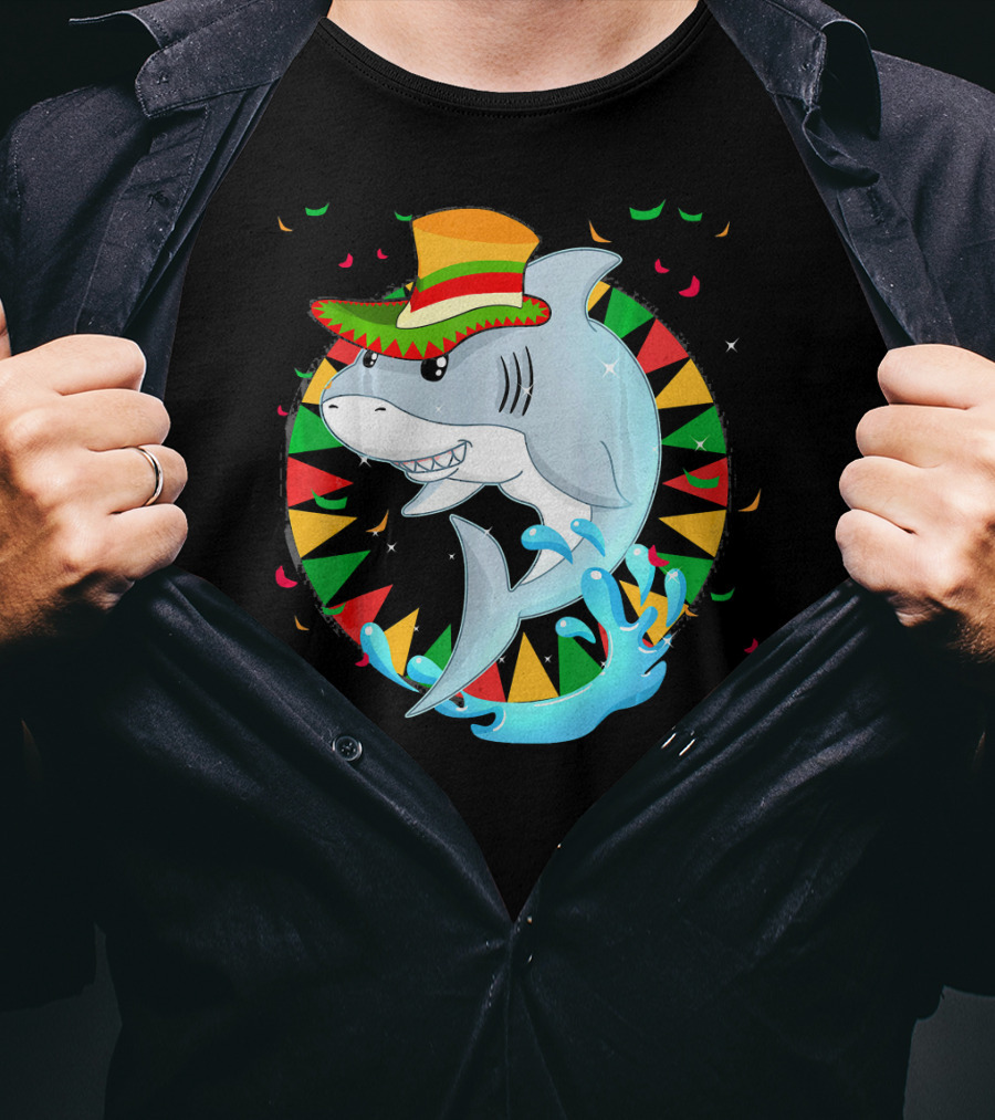 Cute Shark Cinco De Mayo 5th Of May Celebration Hat Sombrero Colorful Fiesta T-Shirt