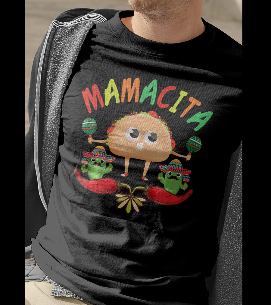 Mamacita Taco And Cactus Fiesta With Maracas And Sombrero T-Shirt