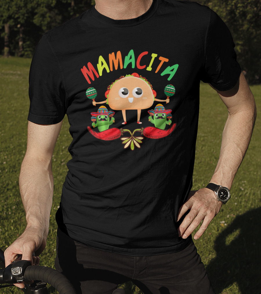 Mamacita Taco And Cactus Fiesta With Maracas And Sombrero T-Shirt