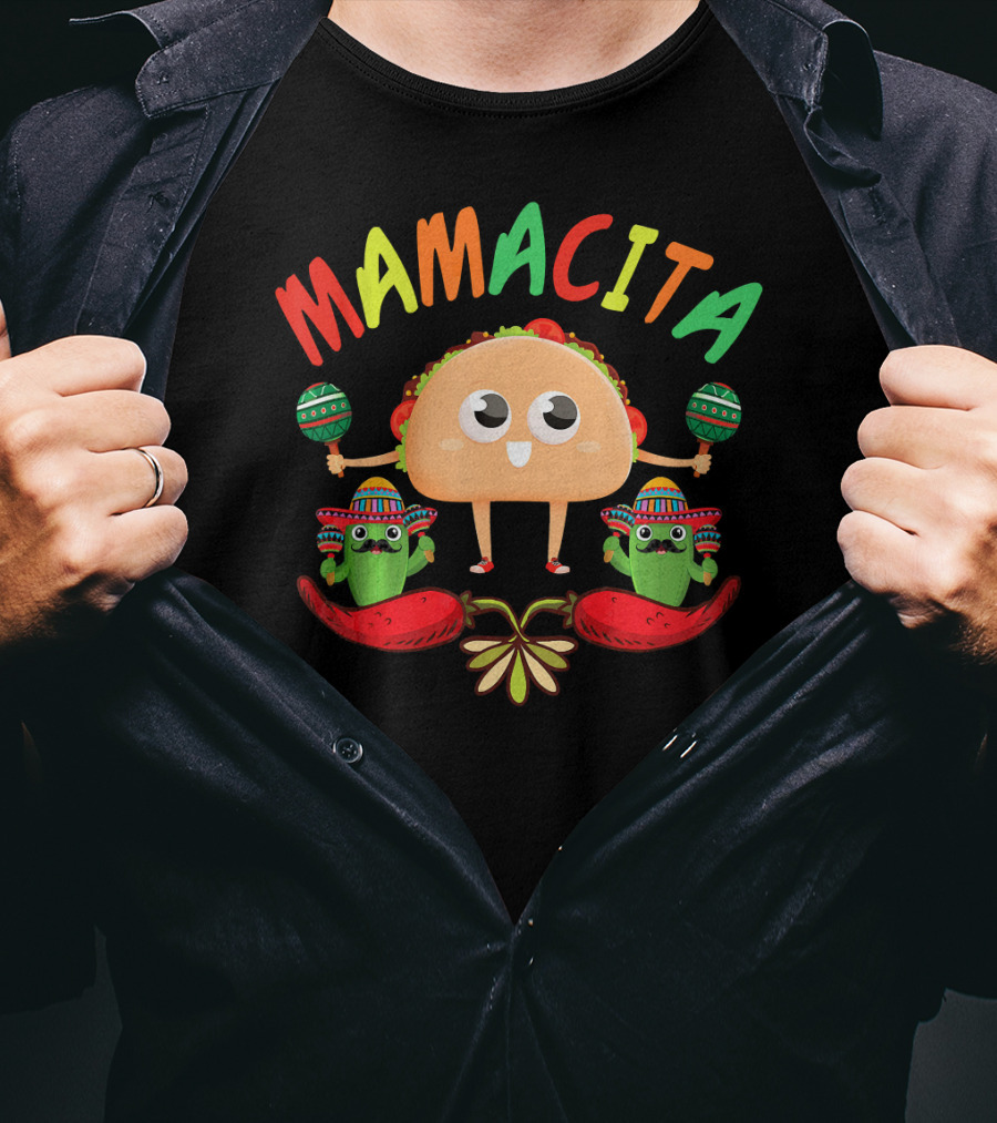 Mamacita Taco And Cactus Fiesta With Maracas And Sombrero T-Shirt