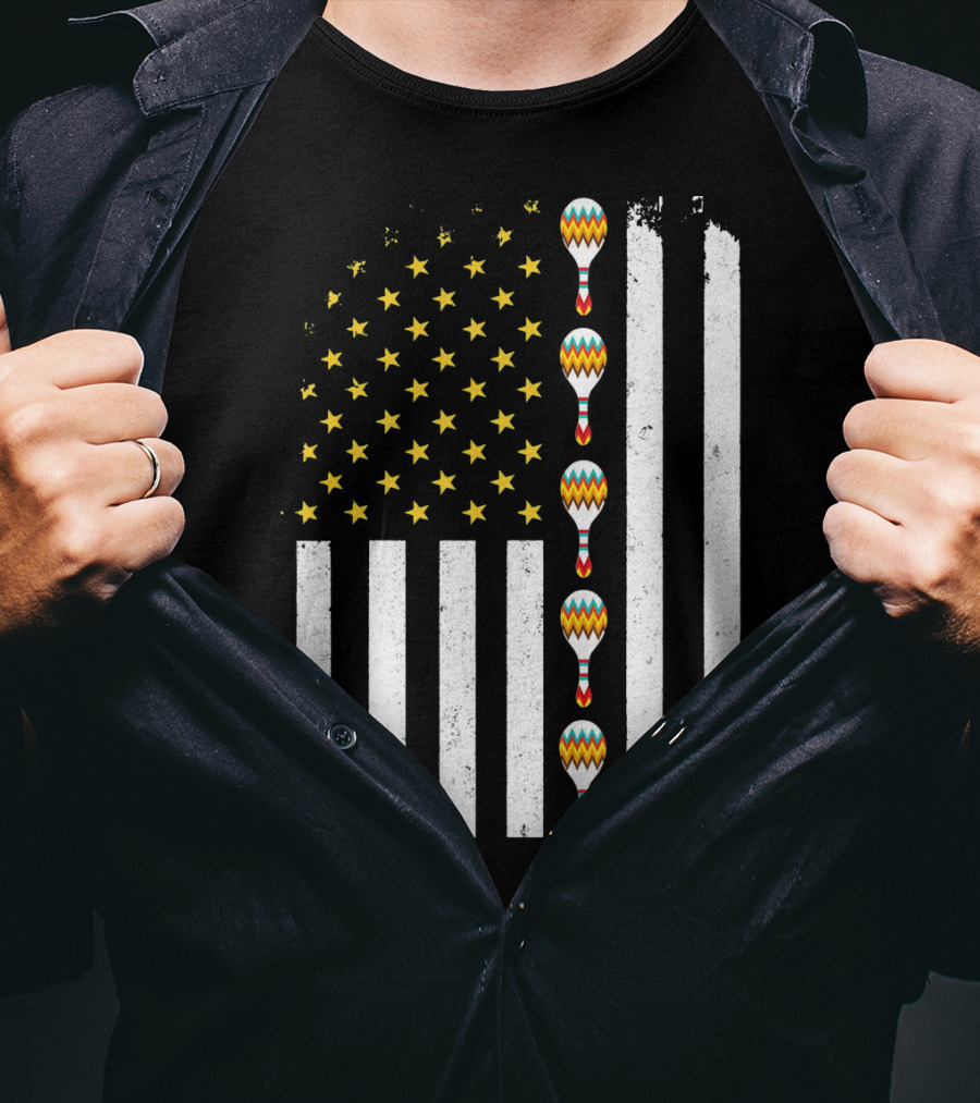 Cinco De Mayo Vintage American Flag With Maracas T-Shirt