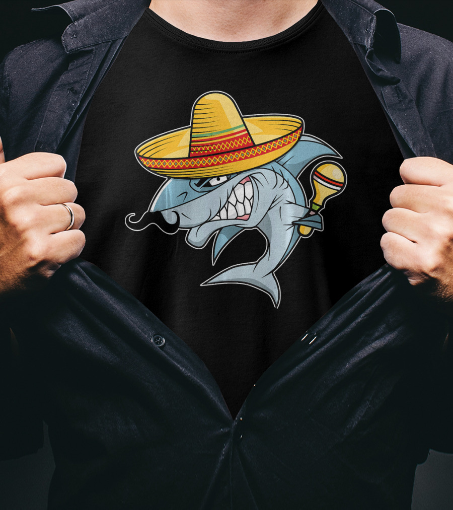 Cinco De Mayo Shark Wearing Sombrero With Maraca Mexican Fiesta T-Shirt