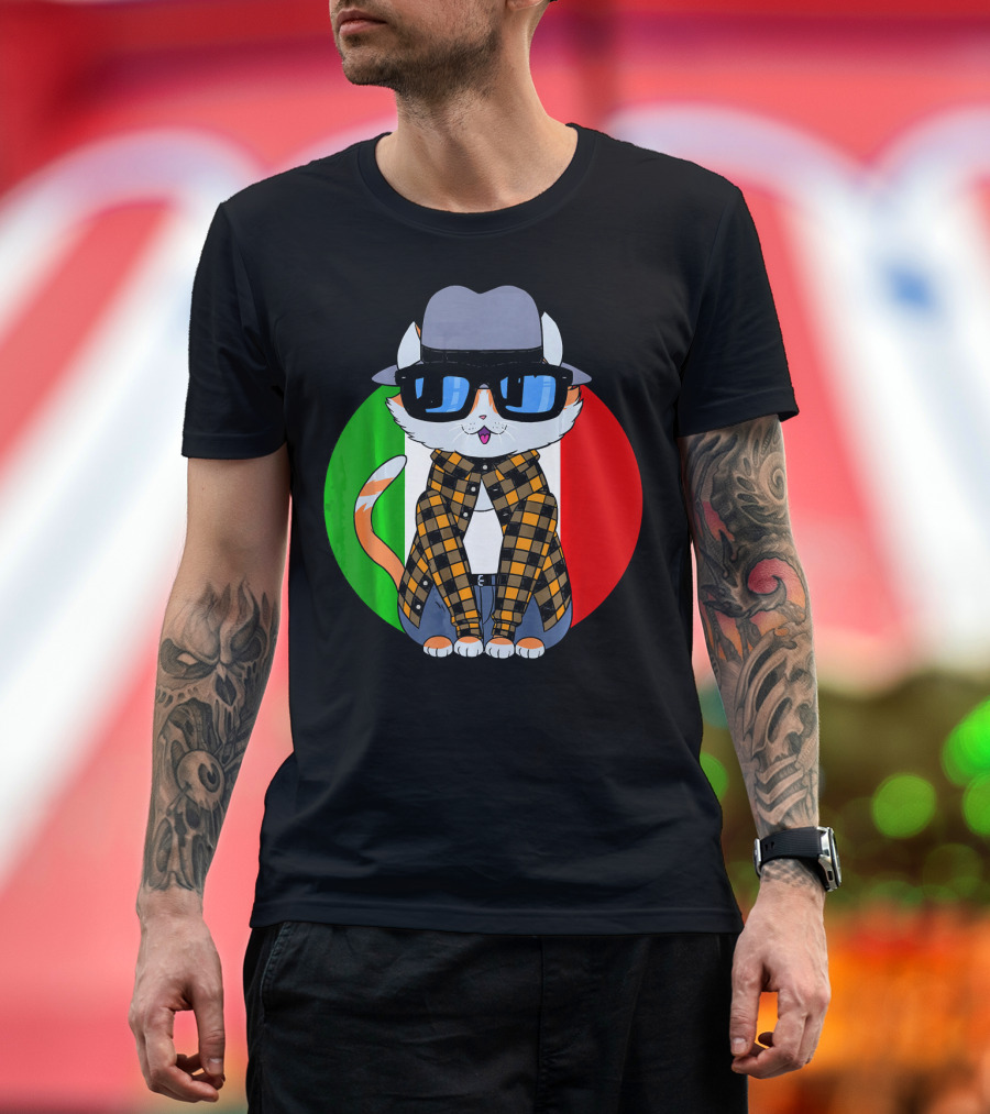 Cinco De Mayo Mexican Kitty Cat with Sunglasses and Plaid Shirt in Front of Tricolor Circle T-Shirt