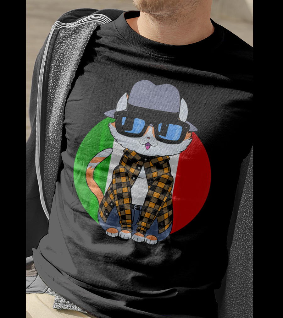 Cinco De Mayo Mexican Kitty Cat With Sunglasses And Plaid Shirt In Front Of Tricolor Circle T-Shirt
