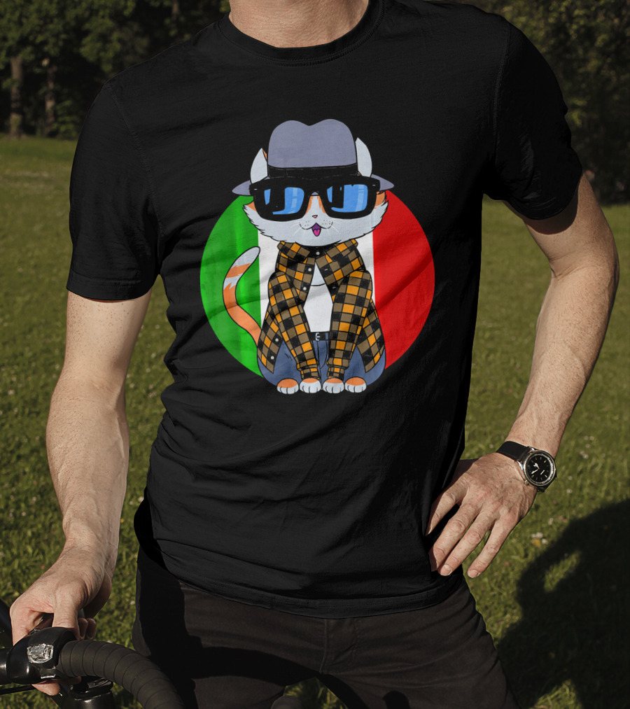 Cinco De Mayo Mexican Kitty Cat With Sunglasses And Plaid Shirt In Front Of Tricolor Circle T-Shirt
