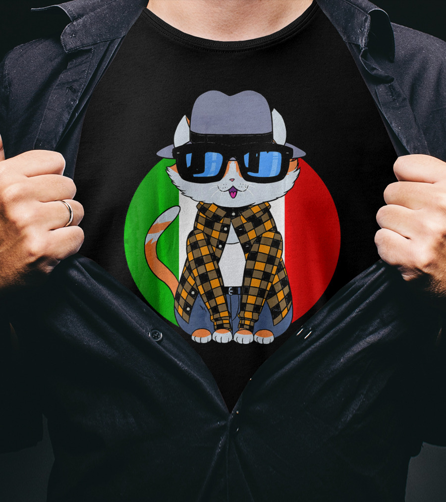 Cinco De Mayo Mexican Kitty Cat With Sunglasses And Plaid Shirt In Front Of Tricolor Circle T-Shirt