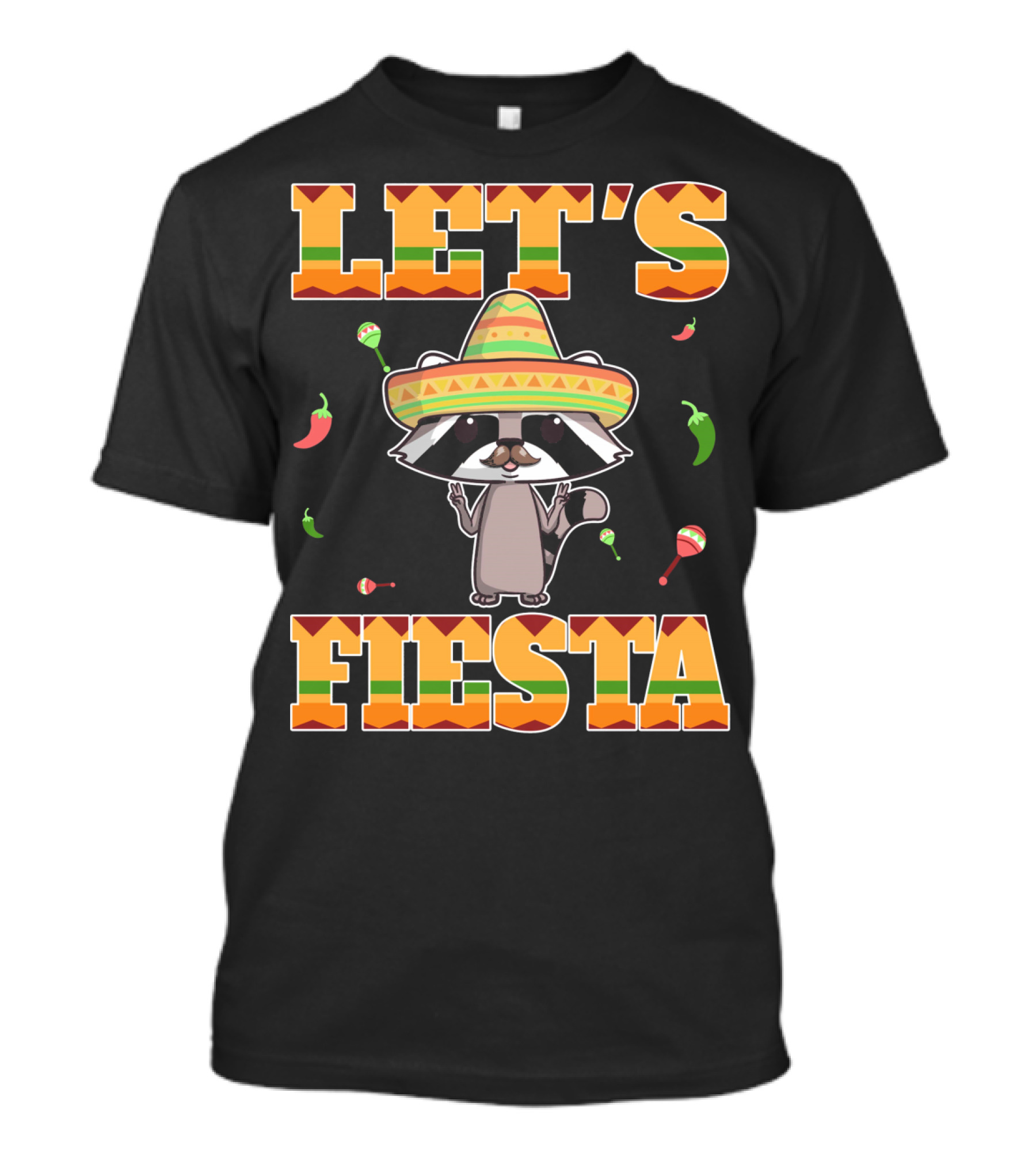 Let's Fiesta Racoon Sombrero Mariachi Peppers Maracas Cinco DE Mayo T-Shirt