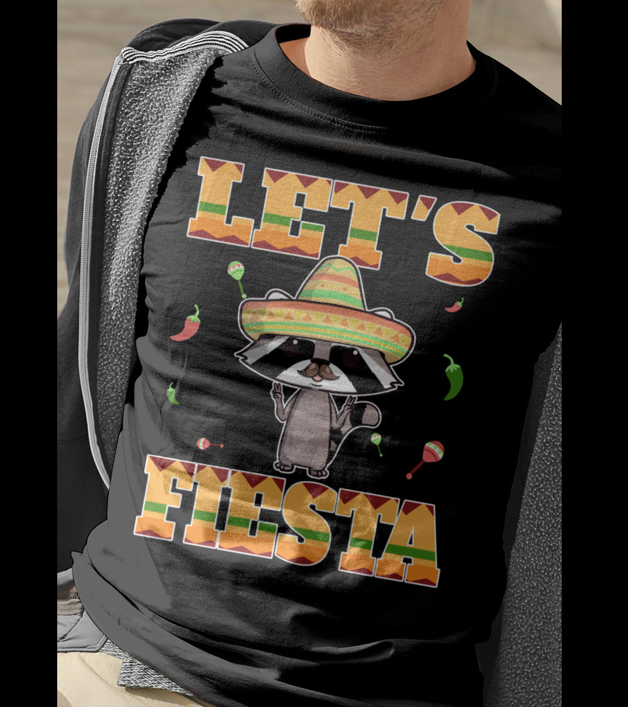 Let's Fiesta Racoon Sombrero Mariachi Peppers Maracas Cinco DE Mayo T-Shirt