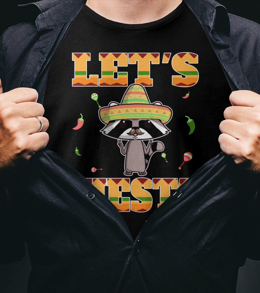 Let's Fiesta Racoon Sombrero Mariachi Peppers Maracas Cinco DE Mayo T-Shirt