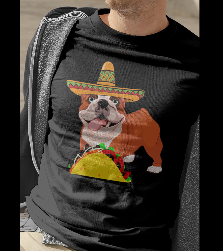 Funny Cinco De Mayo Bulldog Wear Sombrero Taco Fiesta T-Shirt