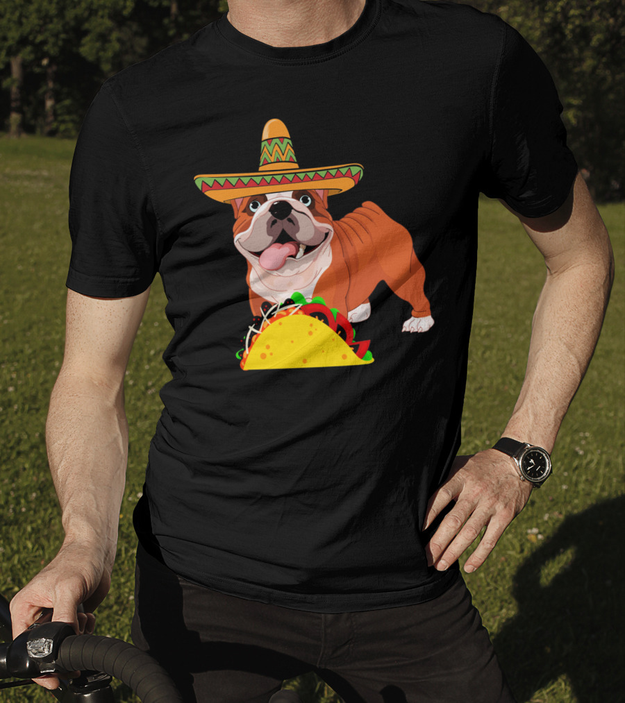 Funny Cinco De Mayo Bulldog Wear Sombrero Taco Fiesta T-Shirt