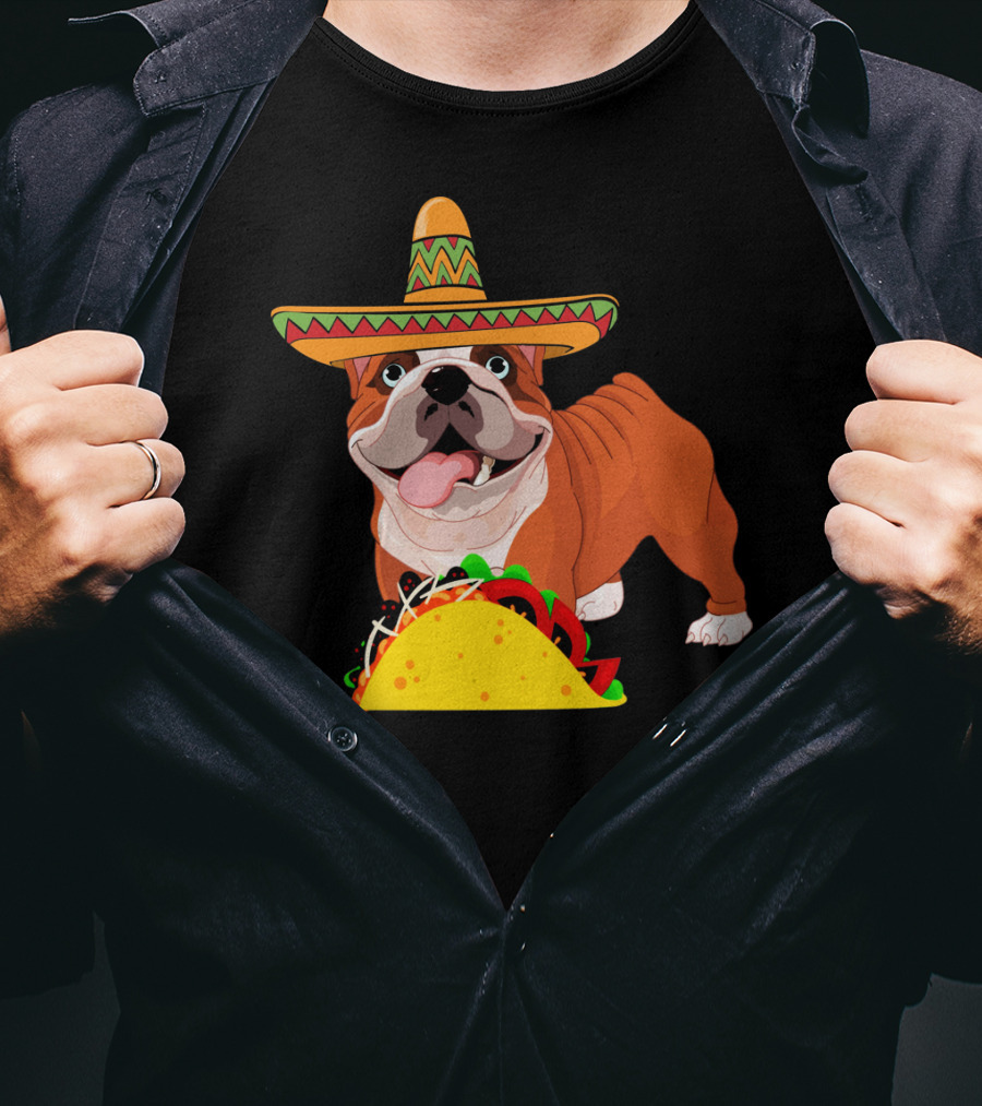 Funny Cinco De Mayo Bulldog Wear Sombrero Taco Fiesta T-Shirt