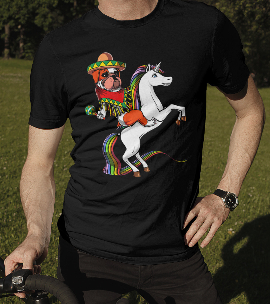 English Bulldog Riding Unicorn Cinco De Mayo Fiesta Hat And Maracas T-Shirt