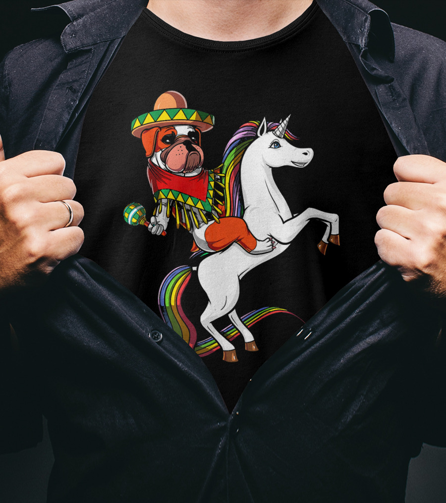 English Bulldog Riding Unicorn Cinco De Mayo Fiesta Hat And Maracas T-Shirt